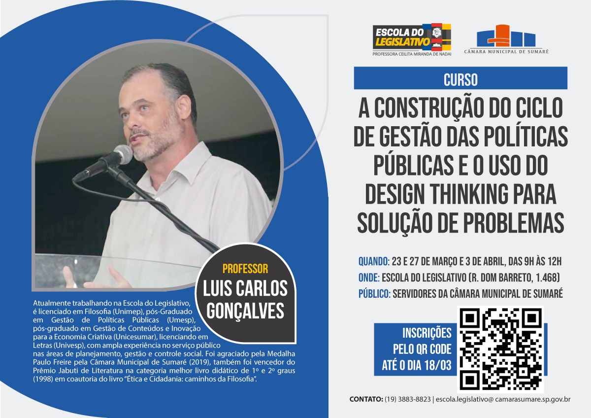 Curso gratuito em Sumaré aborda ciclo de gestão das políticas públicas e o uso do design thinking para a solução de problemas 