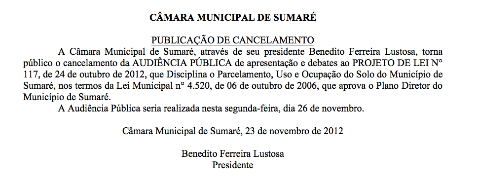 Cancelamento Audiência Pública do Plano Diretor